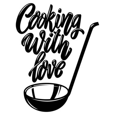 Aşkla yemek pişirmek. Beyaz arka planda harf cümlesi. Poster, afiş, tişört ve kart için tasarım elemanı. Vektör illüstrasyonu