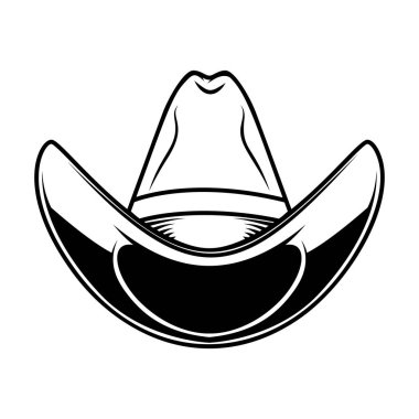 Beyaz arka planda izole edilmiş kovboy şapkası tasviri. Poster, kart, pankart, işaret, amblem, etiket için tasarım ögesi. Vektör illüstrasyonu