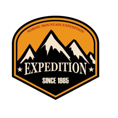 Dağ kampının amblem şablonu. Poster, logo, etiket, işaret, rozet tasarımı. Vektör illüstrasyonu