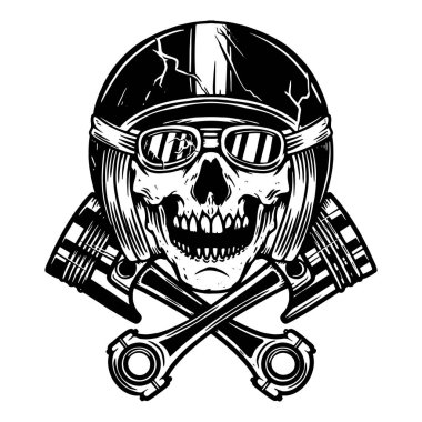 Kafatası yarış kaskı ve çapraz pistonlar. Poster, el ilanı, kart, afiş için tasarım elemanı. Vektör illüstrasyonu