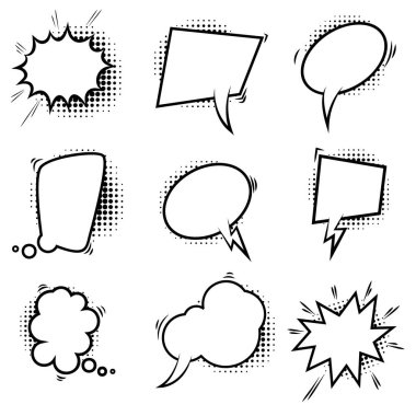 Yarım tonlu gölgeli, boş komedi tarzı konuşma balonları. Poster, amblem, işaret, afiş, el ilanı için tasarım elemanı. Vektör illüstrasyonu