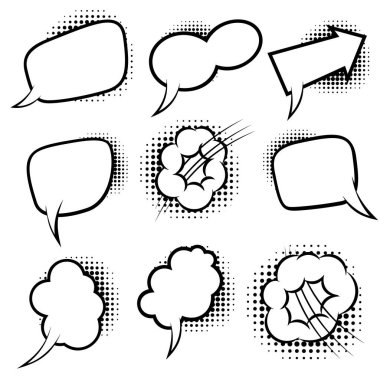 Yarım tonlu gölgeli, boş komedi tarzı konuşma balonları. Poster, amblem, işaret, afiş, el ilanı için tasarım elemanı. Vektör illüstrasyonu