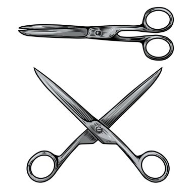 Beyaz arkaplanda izole edilmiş makas çizimi. Poster, kart, pankart, işaret, amblem, etiket için tasarım ögesi. Vektör illüstrasyonu