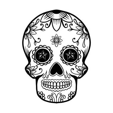 El çizimi Meksika şeker kafatası beyaz arka planda izole. Poster, kart, pankart, tişört, amblem, imza için tasarım öğesi. Vektör illüstrasyonu