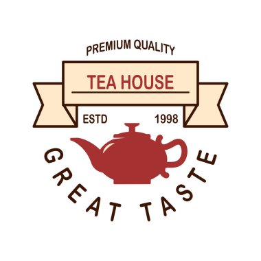 Çay dükkanının amblem şablonu. Logo, etiket, işaret, poster ve el ilanları için tasarım elemanı. Vektör illüstrasyonu