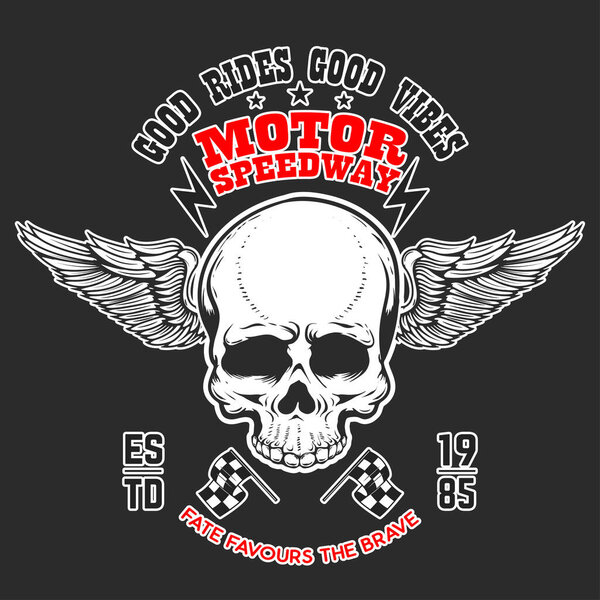 Специальные мотоциклы. Плакат с крылатым черепом. Элемент дизайна плаката, флаера, карточки, баннера. Векторная иллюстрация