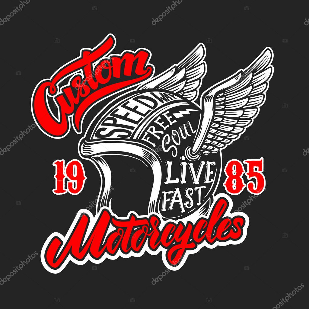 Custom motorcycles. Poster template with winged racer helmet. Design element for poster, logo, label, sign, badge. Vector illustration