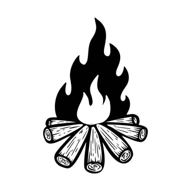 Beyaz arka planda kamp ateşi tasviri. Menü, poster, amblem, işaret, afiş, el ilanı için tasarım ögesi. Vektör illüstrasyonu