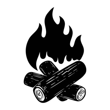 Beyaz arka planda kamp ateşi tasviri. Menü, poster, amblem, işaret, afiş, el ilanı için tasarım ögesi. Vektör illüstrasyonu