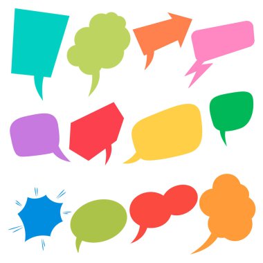 Eski çizgi roman setinin boş renkli konuşma baloncukları. Poster, afiş, kart, el ilanı ve bilgi için tasarım öğeleri. Vektör illüstrasyonu