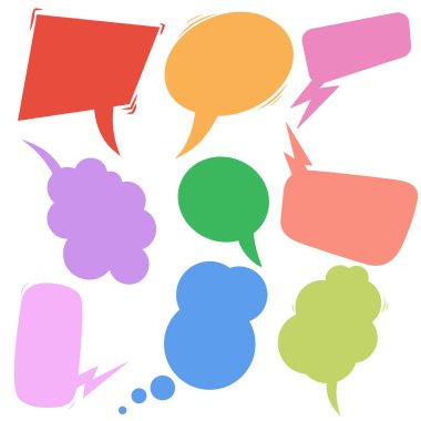 Eski çizgi roman setinin boş renkli konuşma baloncukları. Poster, afiş, kart, el ilanı ve bilgi için tasarım öğeleri. Vektör illüstrasyonu