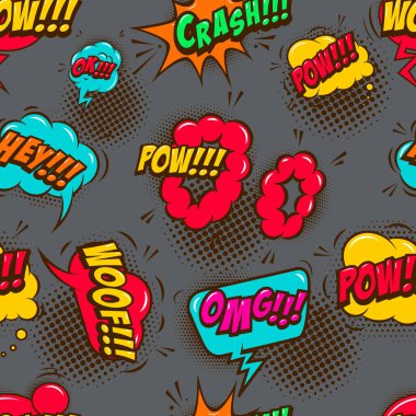 Çizgi roman tarzı bulutları olan kusursuz bir model. Poster, kart, pankart ve tişört için tasarım elemanı. Vektör illüstrasyonu