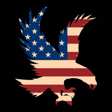 ABD bayrağı geçmişi olan bir kartal silueti. Poster, amblem, işaret, logo, etiket tasarımı. Vektör illüstrasyonu