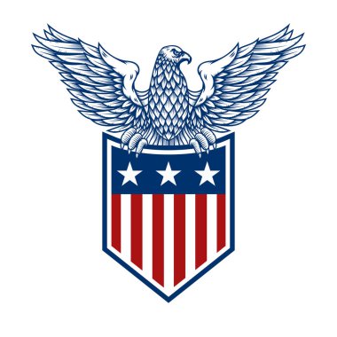 Kartallı amblemler ve Amerikan bayrakları. Poster, amblem, işaret, logo, etiket tasarımı. Vektör illüstrasyonu