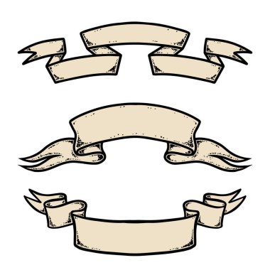 Eski oyma kurdeleler. Poster, amblem, işaret, etiket tasarımı. Vektör illüstrasyonu