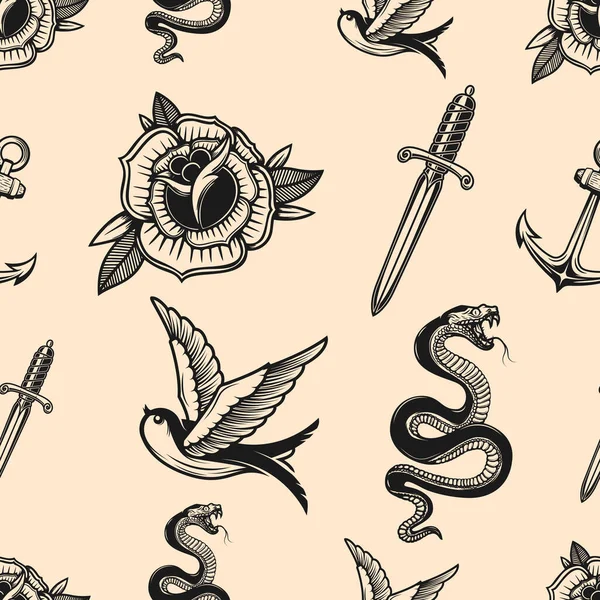 Vintage Seamless Pattern Snakes Swallows Knives Roses Vector Illustration — Stock Vector