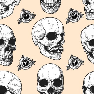 Kafatası ve güllerle kusursuz bir desen. Poster, kart, pankart ve tişört için tasarım elemanı. Vektör illüstrasyonu