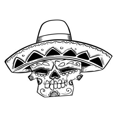 Meksika şekerli kafatasının beyaz arka planda izole edilmiş hali. Logo, etiket, rozet ve imza için tasarım elemanı. Vektör illüstrasyonu