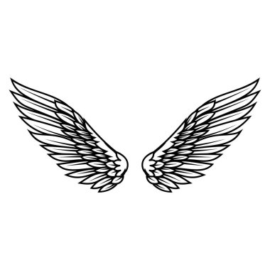 Beyaz arka planda izole edilmiş dövme tarzında kanat çizimi. Logo, etiket, rozet ve imza için tasarım elemanı. Vektör illüstrasyonu