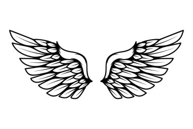 Beyaz arka planda izole edilmiş dövme tarzında kanat çizimi. Logo, etiket, rozet ve imza için tasarım elemanı. Vektör illüstrasyonu