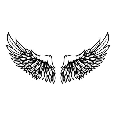 Beyaz arka planda izole edilmiş dövme tarzında kanat çizimi. Logo, etiket, rozet ve imza için tasarım elemanı. Vektör illüstrasyonu