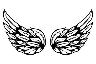 Beyaz arka planda izole edilmiş dövme tarzında kanat çizimi. Logo, etiket, rozet ve imza için tasarım elemanı. Vektör illüstrasyonu
