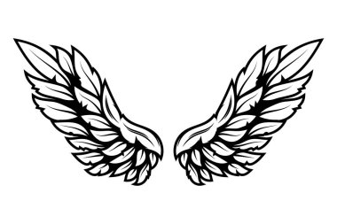 Beyaz arka planda izole edilmiş dövme tarzında kanat çizimi. Logo, etiket, rozet ve imza için tasarım elemanı. Vektör illüstrasyonu