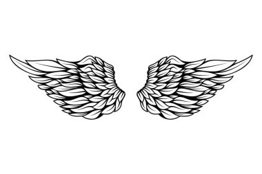 Beyaz arka planda izole edilmiş dövme tarzında kanat çizimi. Logo, etiket, rozet ve imza için tasarım elemanı. Vektör illüstrasyonu