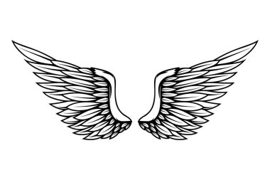 Beyaz arka planda izole edilmiş dövme tarzında kanat çizimi. Logo, etiket, rozet ve imza için tasarım elemanı. Vektör illüstrasyonu