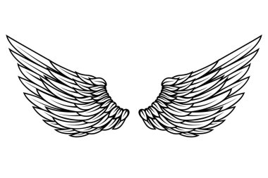 Beyaz arka planda izole edilmiş dövme tarzında kanat çizimi. Logo, etiket, rozet ve imza için tasarım elemanı. Vektör illüstrasyonu