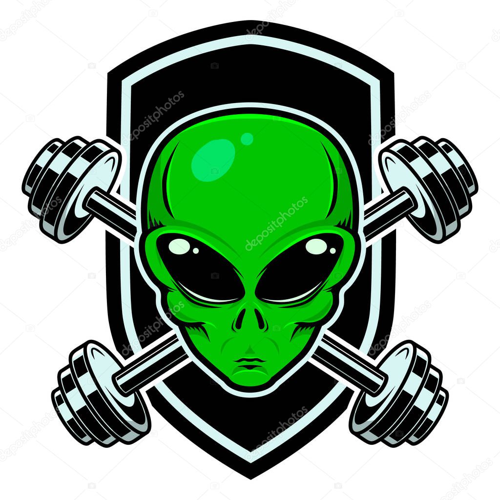 Sport emblem with alien head and crossed barbells. Design element for logo, label, sign. Vector illustration