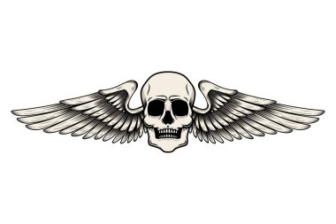Beyaz arka planda izole edilmiş kanatlı kafatası dövmesi. Logo, etiket, rozet ve imza için tasarım elemanı. Vektör illüstrasyonu