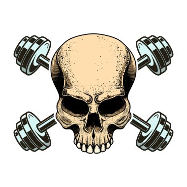 Kafatası ve çapraz halterli spor amblemi. Logo, etiket ve imza için tasarım ögesi. Vektör illüstrasyonu