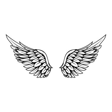 Beyaz arka planda izole edilmiş dövme tarzında kanat çizimi. Logo, etiket, rozet ve imza için tasarım elemanı. Vektör illüstrasyonu