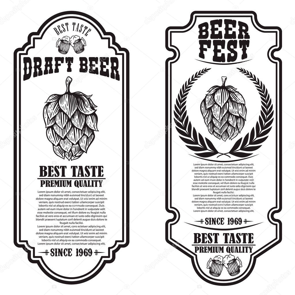 Set of beer flyers with hop illustrations. Design element for poster, banner, sign, emblem. Vector illustration