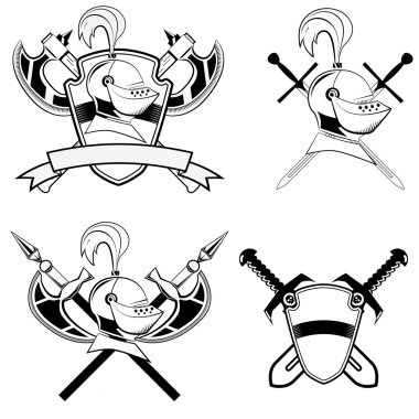 knight's helmet, shield and swords and battle-ax. clipart