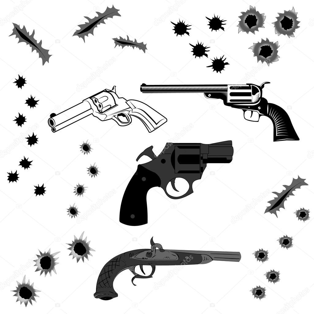 pistols and bullet holes