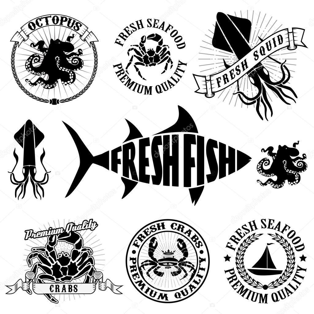 Sea Food Retro Vintage Labels such as logos, logotypes, label, badges, stamps and symbols.
