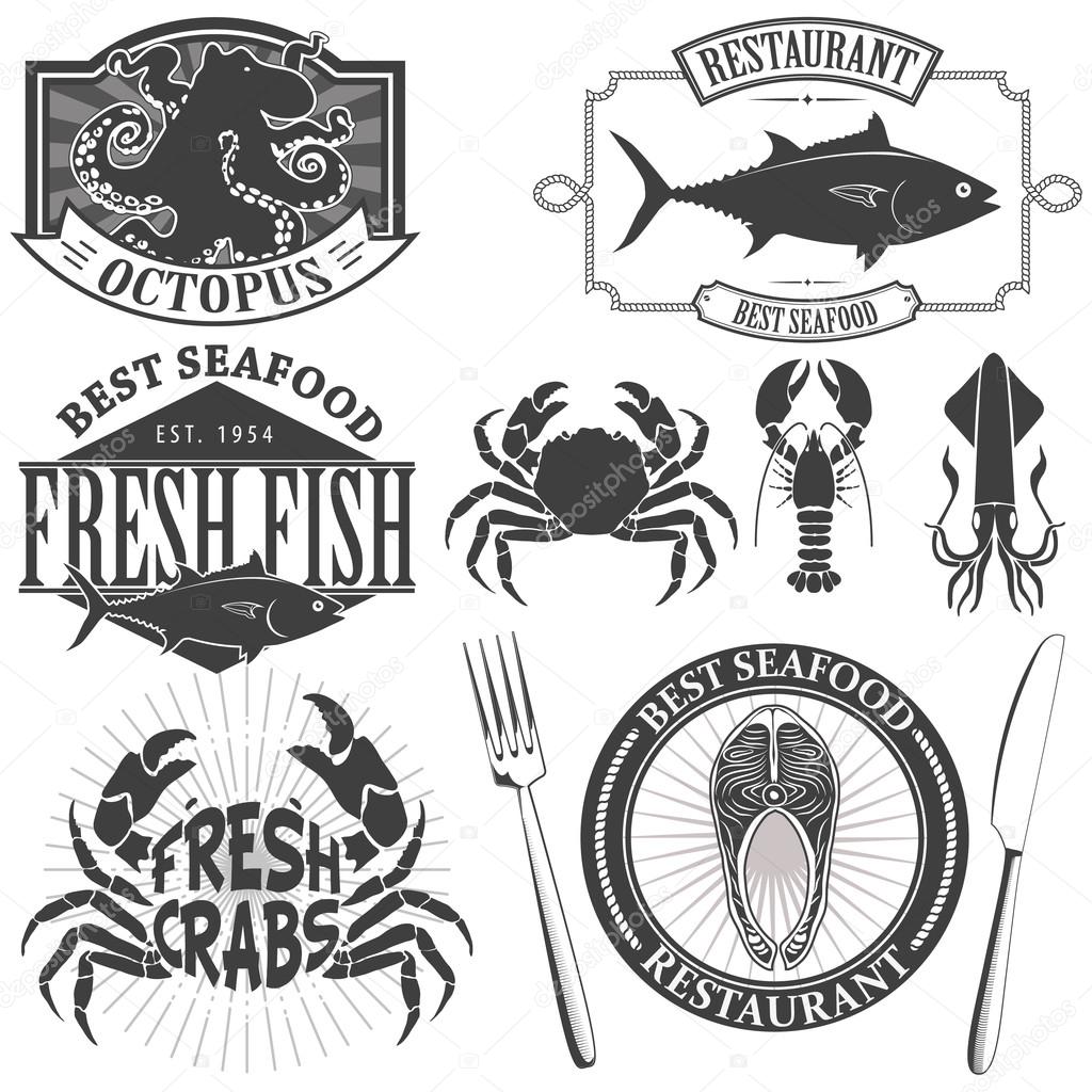 Sea Food Retro Vintage Labels such as logos, logotypes, label, badges, stamps and symbols