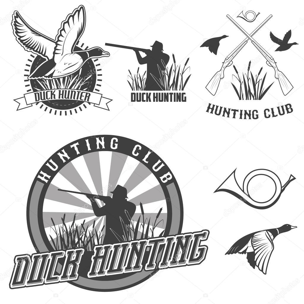 Set of vector labels with duck, dip, gun, hunter for hunting emblems