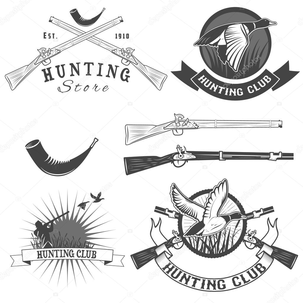 Set of vector labels with duck, dip, gun, hunter for hunting emblems