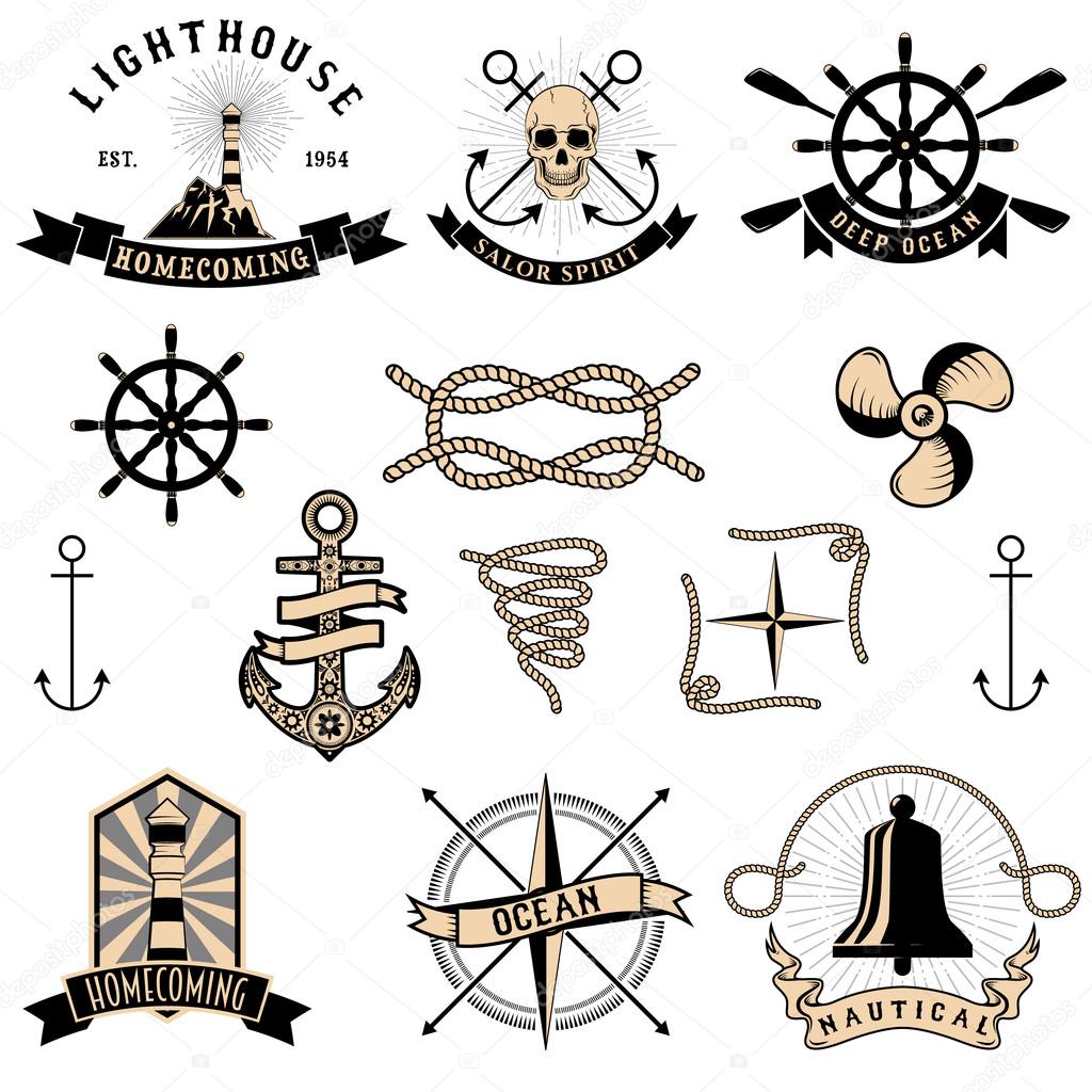 Vector pack of nautical elements. Rope swirls, logos and badges