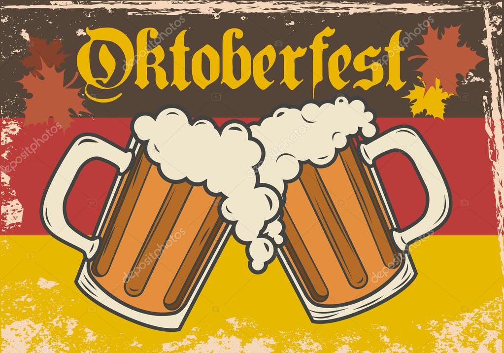 Oktoberfest vector illustration. Two beer mugs on the background of the flag of Germany.