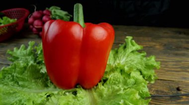 Dönen bir arka planda marul ve tatlı dolma biber