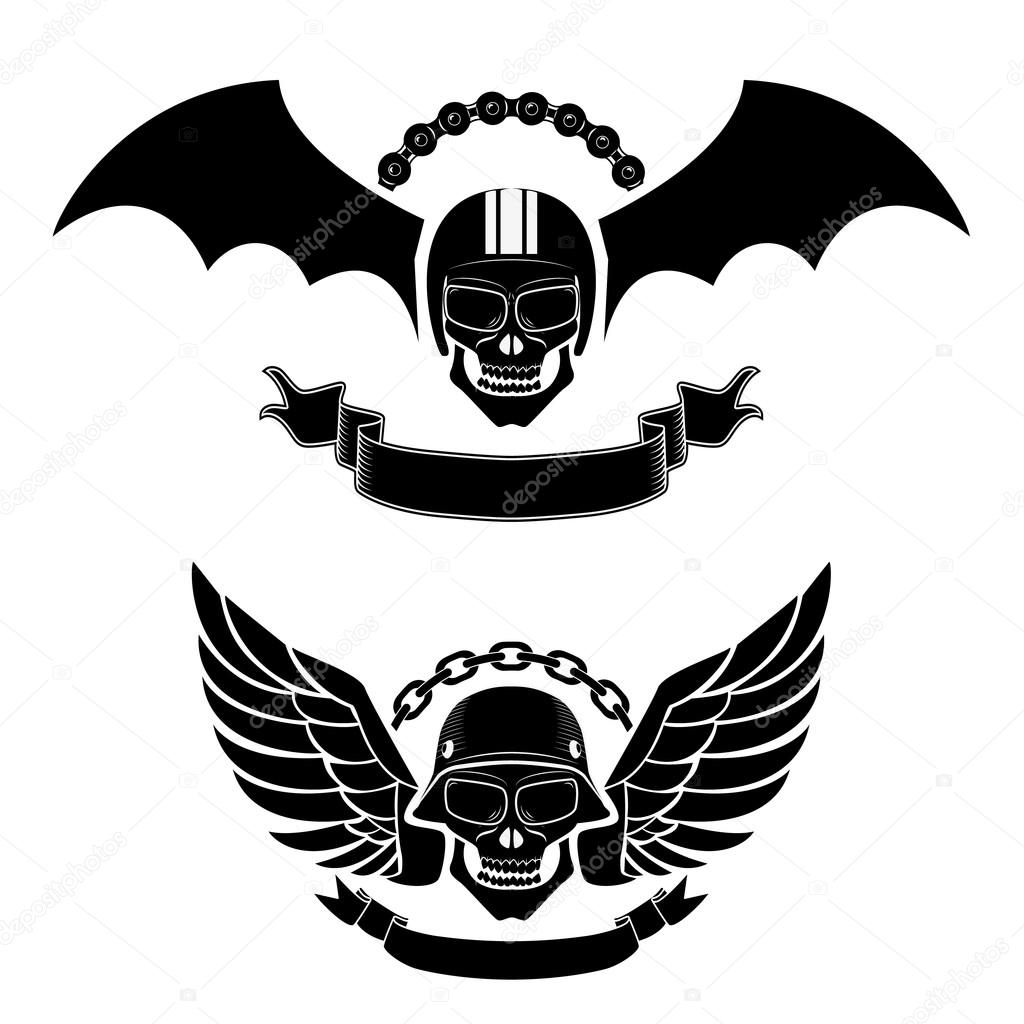 Biker labels. Street racing. Skulls with wings