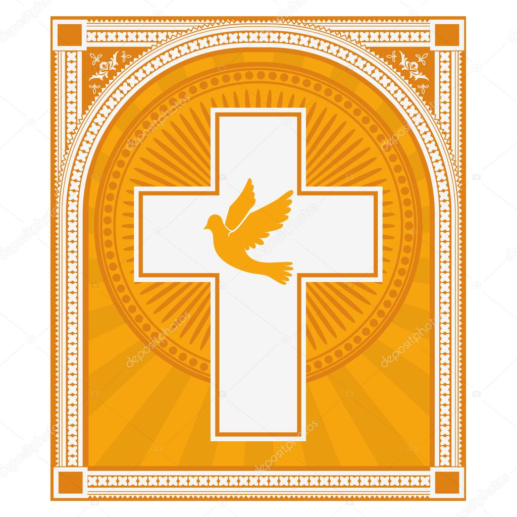 Dove and a cross on a light gold background. Religion. Vector illustration.