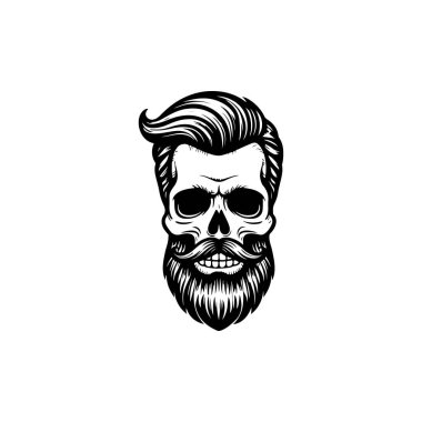 Beyaz arka planda izole edilmiş sakallı kafatası tasviri. Berberlerin kafatası. Logo, işaret, poster ve amblem için tasarım elemanı. Vektör illüstrasyonu