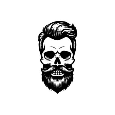 Beyaz arka planda izole edilmiş sakallı kafatası tasviri. Berberlerin kafatası. Logo, işaret, poster ve amblem için tasarım elemanı. Vektör illüstrasyonu