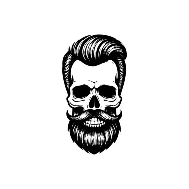 Beyaz arka planda izole edilmiş sakallı kafatası tasviri. Berberlerin kafatası. Logo, işaret, poster ve amblem için tasarım elemanı. Vektör illüstrasyonu