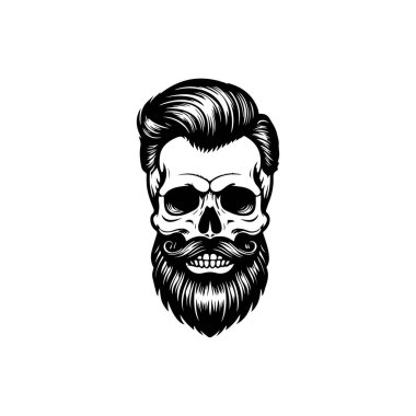 Beyaz arka planda izole edilmiş sakallı kafatası tasviri. Berberlerin kafatası. Logo, işaret, poster ve amblem için tasarım elemanı. Vektör illüstrasyonu
